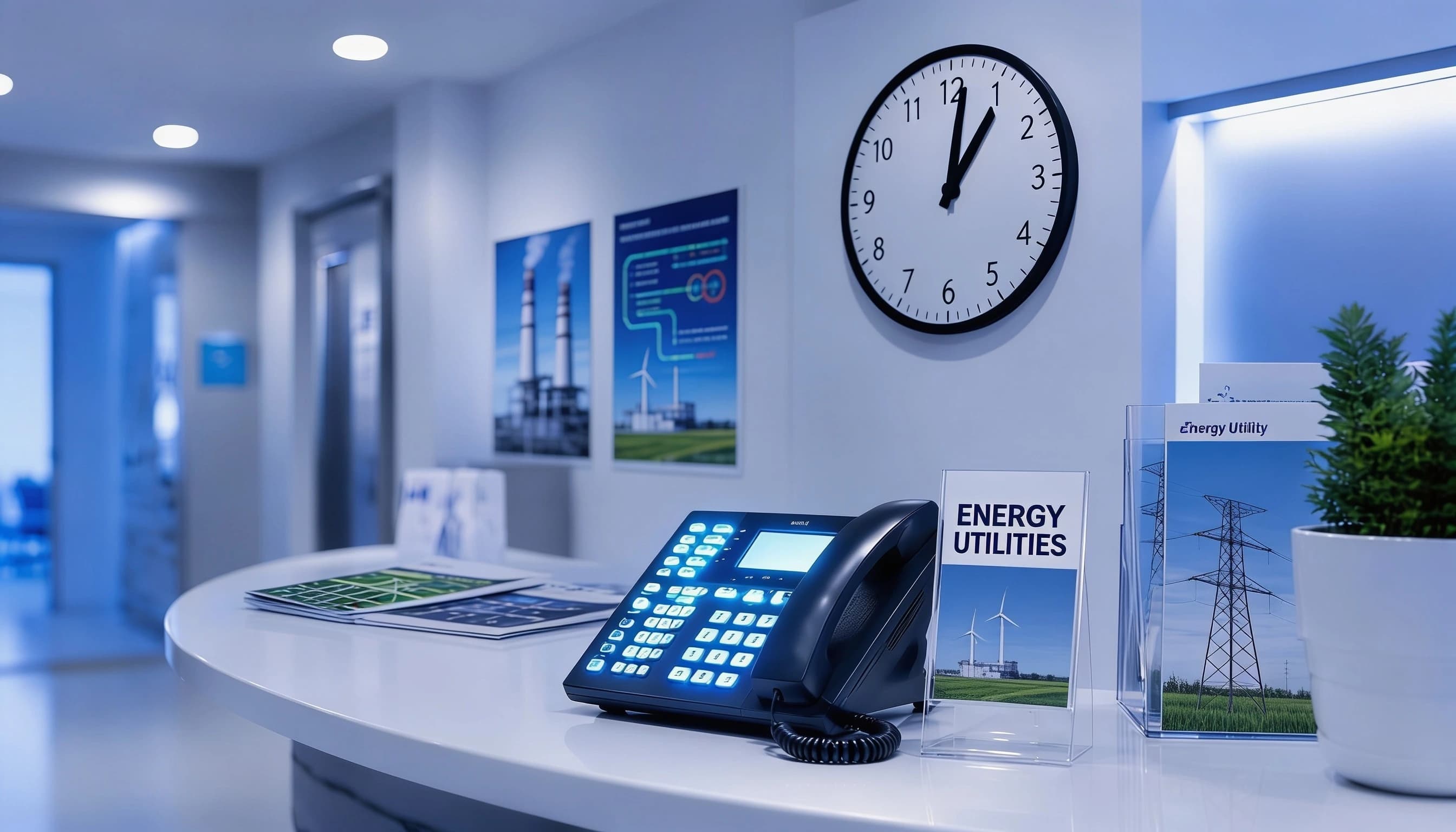 Energy & Utilities reception area with informational materials on wind and grid infrastructure