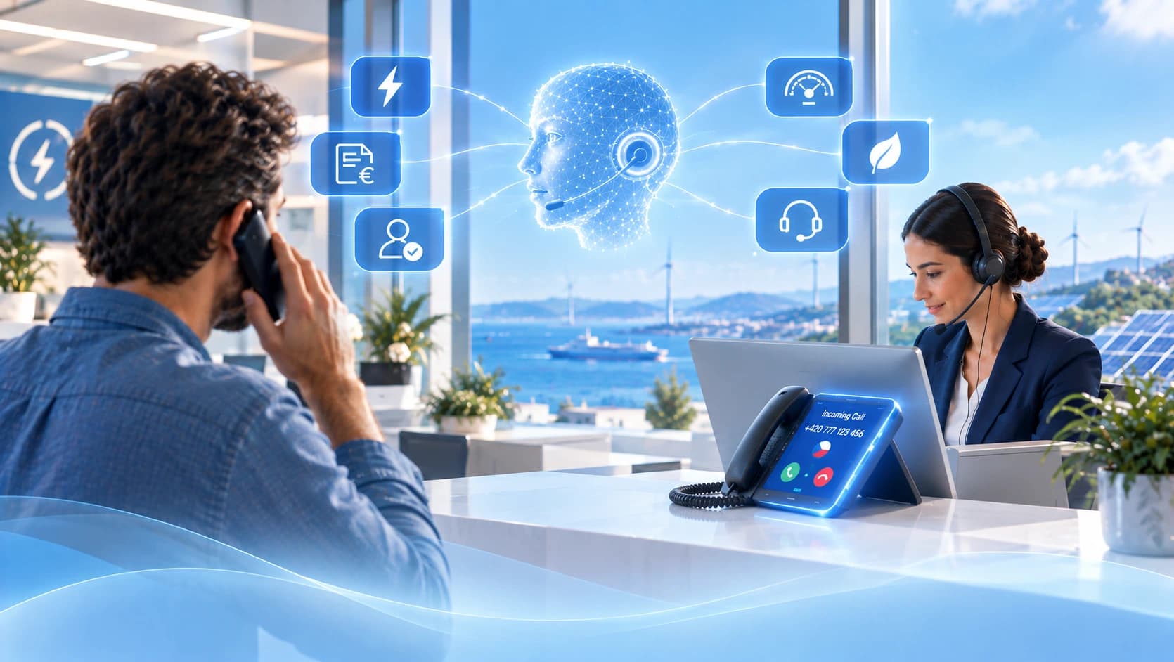 An energy customer on the phone and a contact-centre agent at her desk, connected by an AI voice assistant, with wind turbines and solar panels in the background