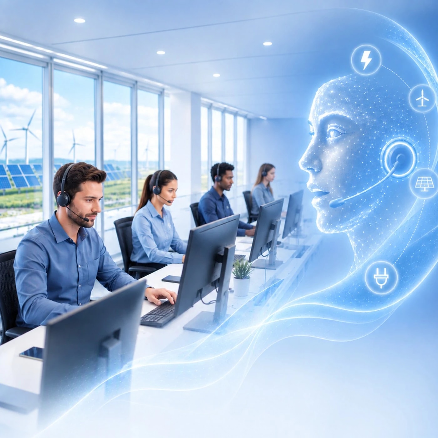A human contact-centre team working beside an AI voice agent, with solar panels and wind turbines behind